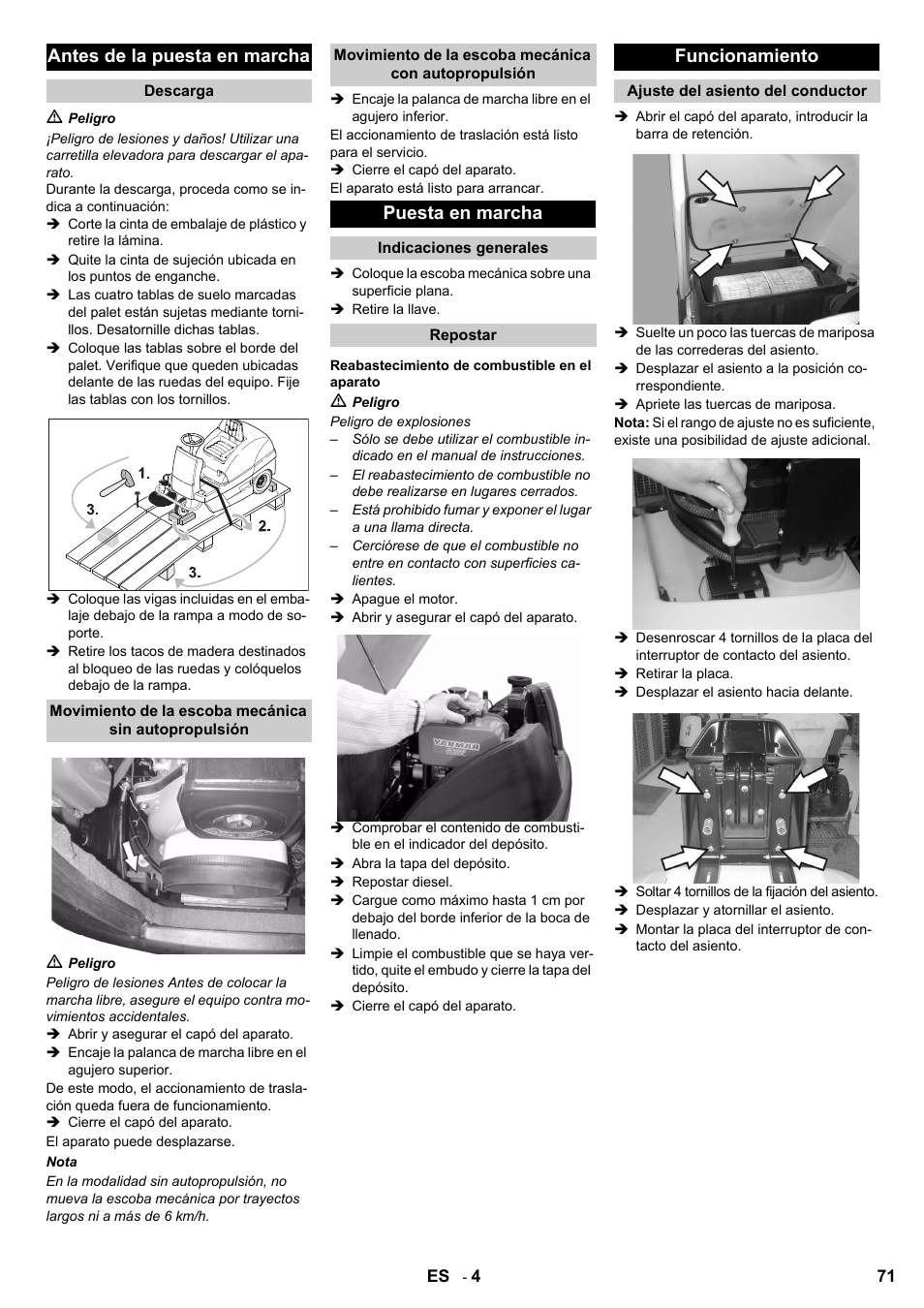 Antes de la puesta en marcha, Puesta en marcha, Funcionamiento | Karcher KM 100-100 R D User Manual | Page 71 / 360