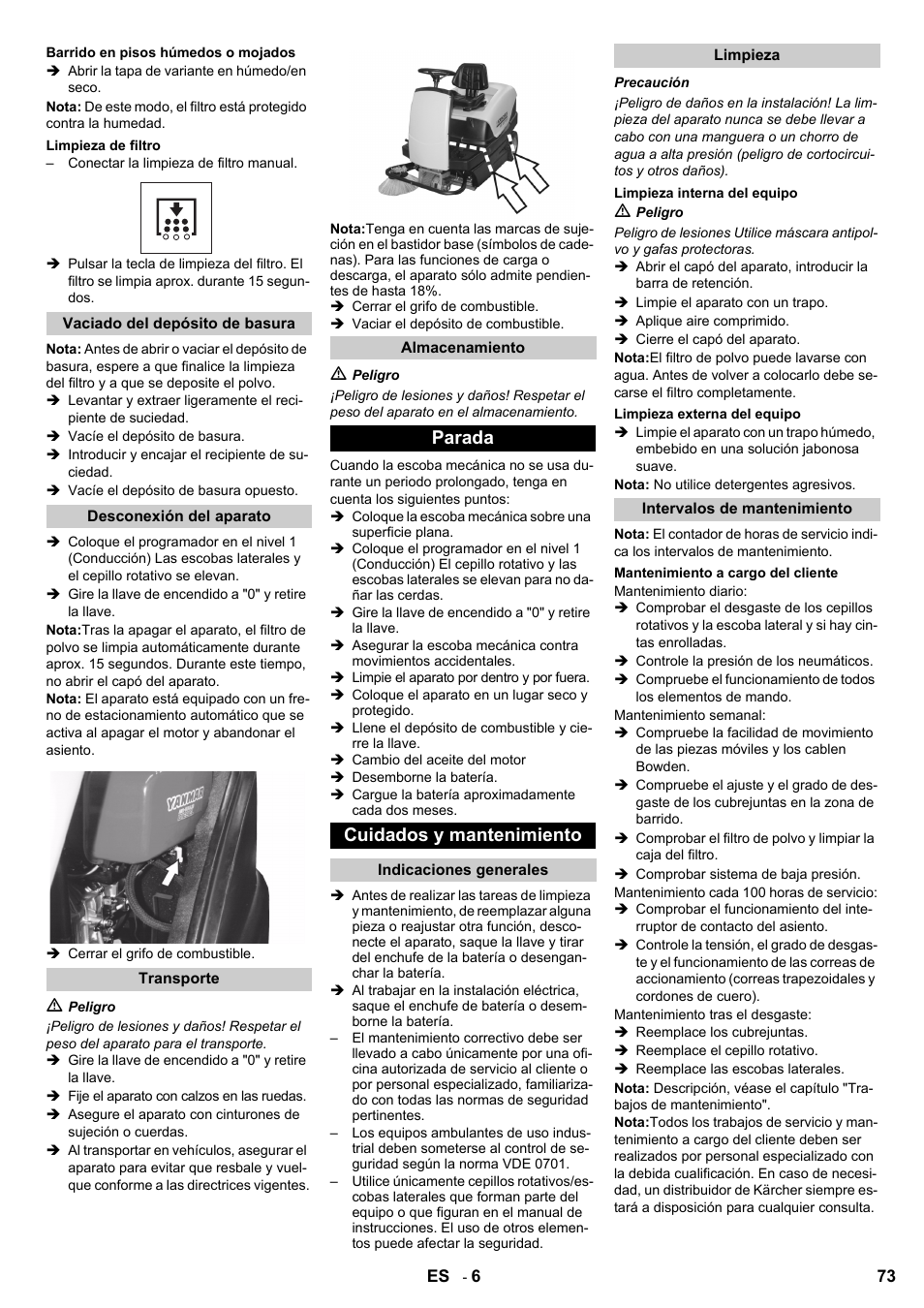 Parada cuidados y mantenimiento | Karcher KM 100-100 R D User Manual | Page 73 / 360