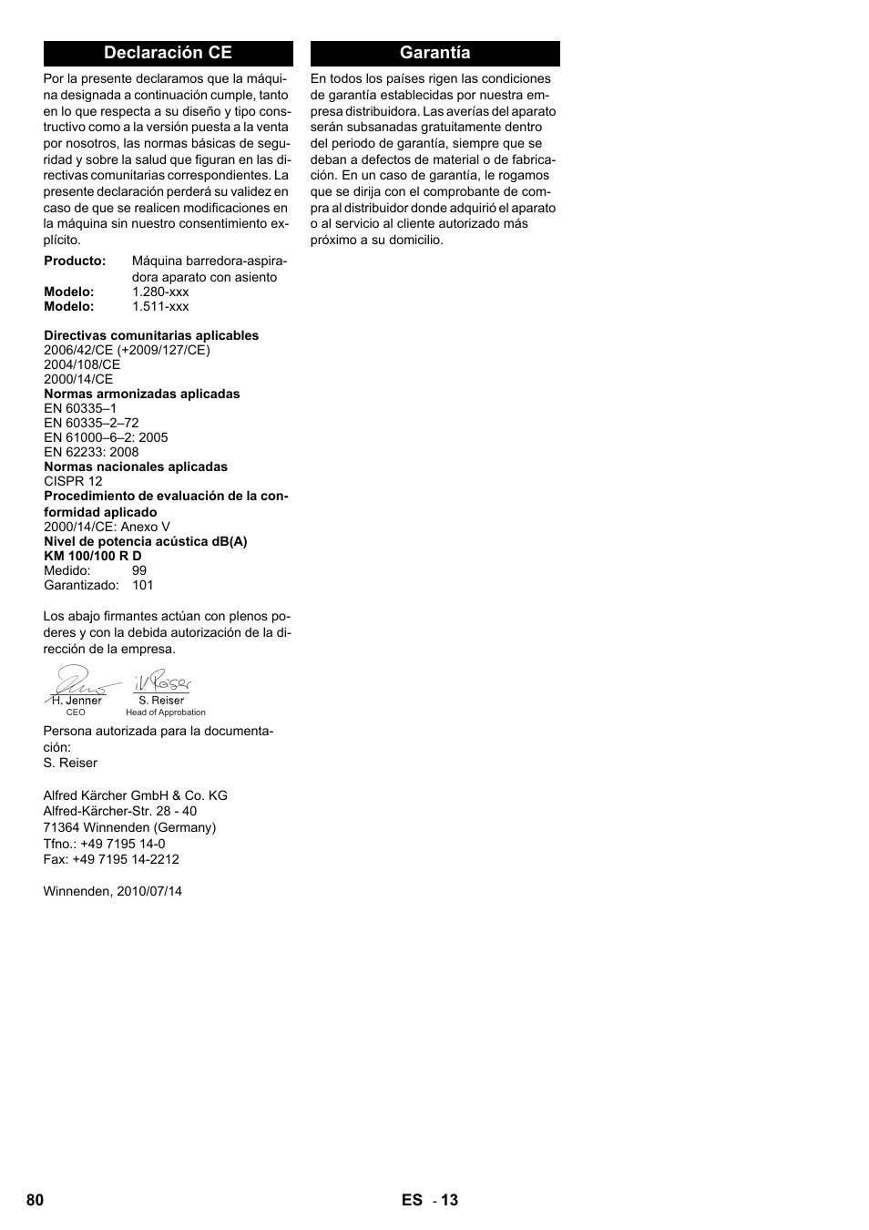 Declaración ce, Garantía | Karcher KM 100-100 R D User Manual | Page 80 / 360