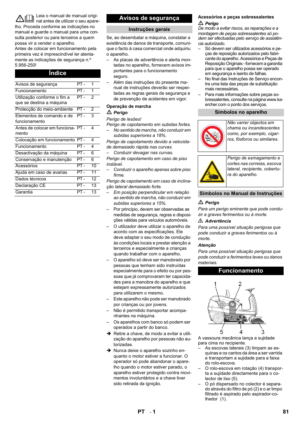 Índice, Avisos de segurança, Funcionamento | Karcher KM 100-100 R D User Manual | Page 81 / 360