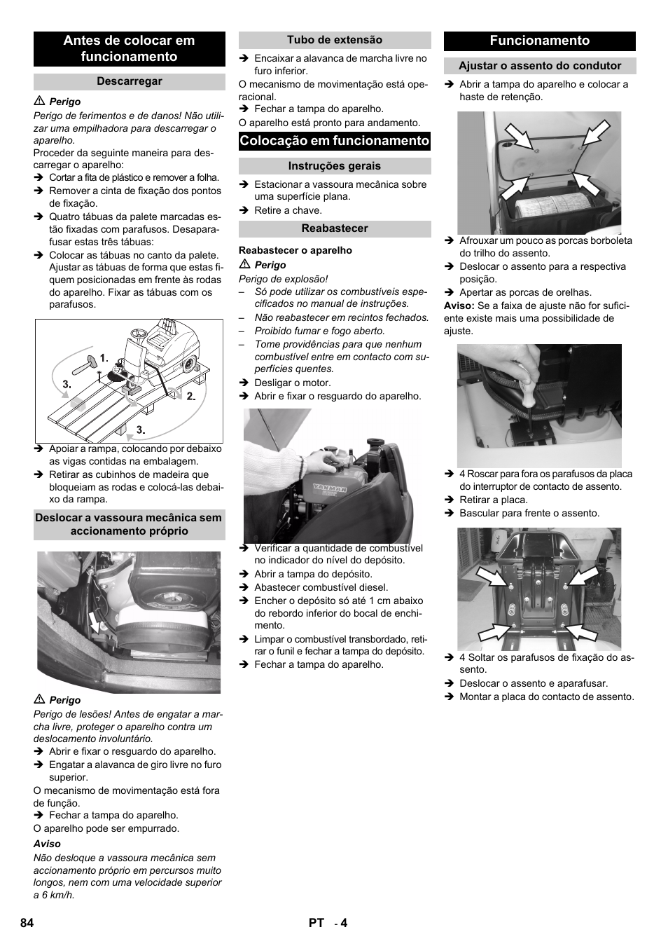 Antes de colocar em funcionamento, Colocação em funcionamento, Funcionamento | Karcher KM 100-100 R D User Manual | Page 84 / 360