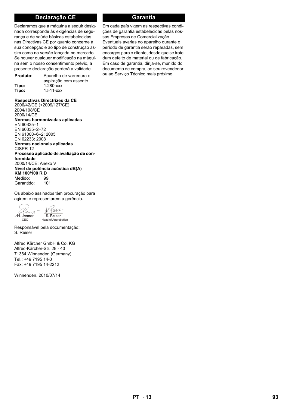 Declaração ce, Garantia | Karcher KM 100-100 R D User Manual | Page 93 / 360