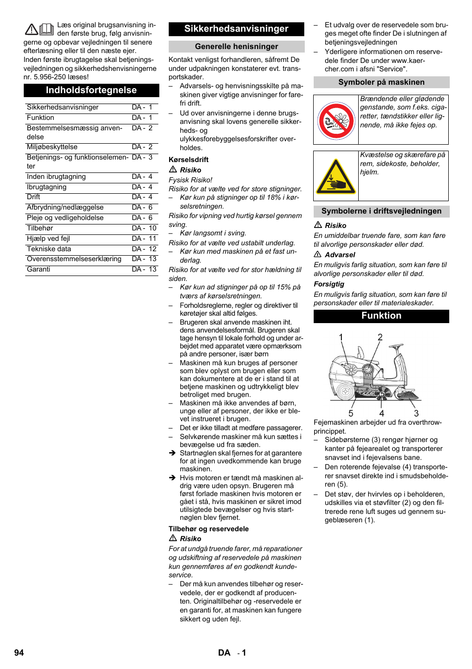 Indholdsfortegnelse, Sikkerhedsanvisninger, Funktion | Karcher KM 100-100 R D User Manual | Page 94 / 360