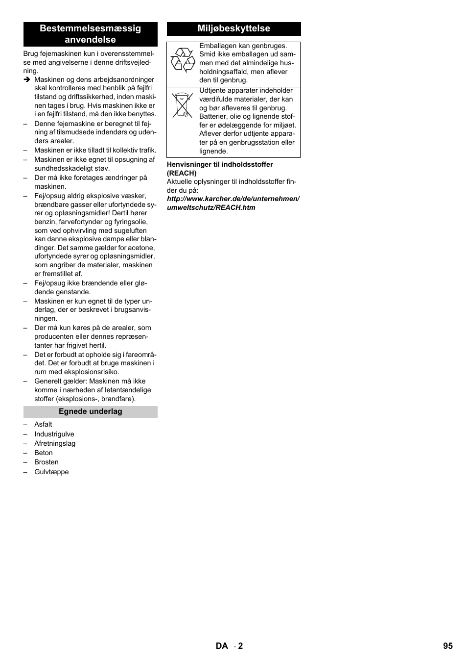 Bestemmelsesmæssig anvendelse, Miljøbeskyttelse | Karcher KM 100-100 R D User Manual | Page 95 / 360