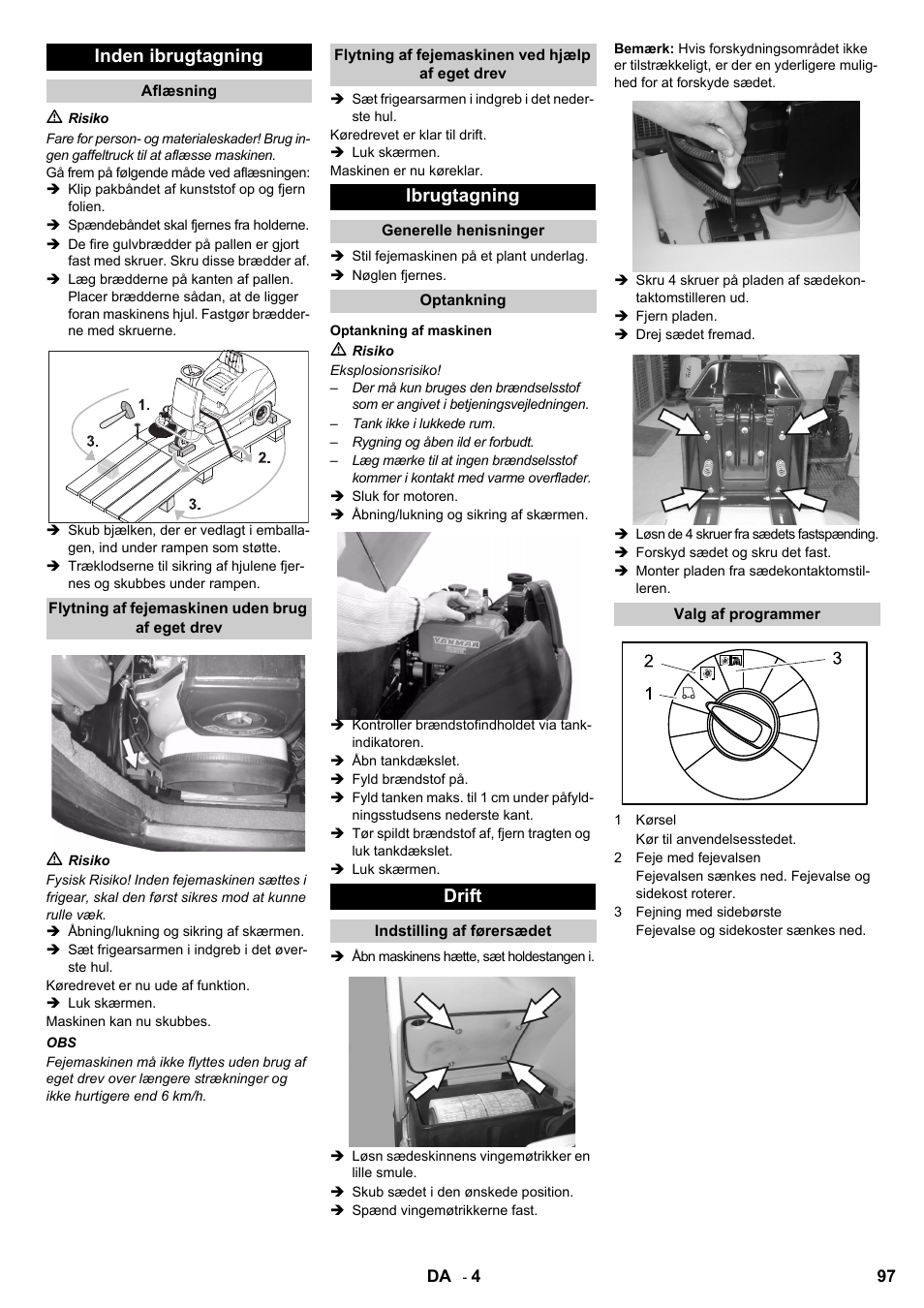 Inden ibrugtagning, Ibrugtagning, Drift | Karcher KM 100-100 R D User Manual | Page 97 / 360