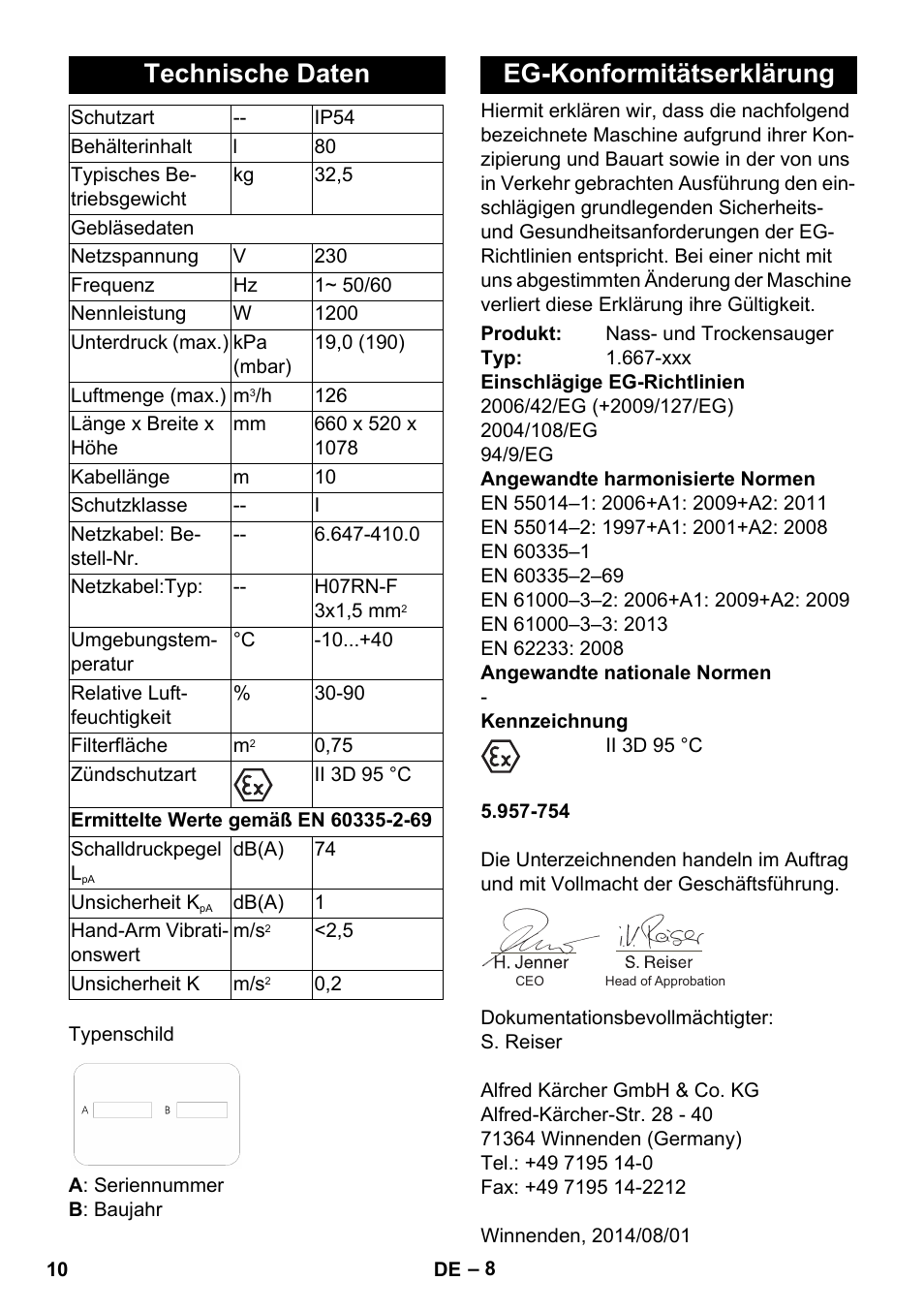 Technische daten, Eg-konformitätserklärung | Karcher NT 80-1 B1 M S User Manual | Page 10 / 160