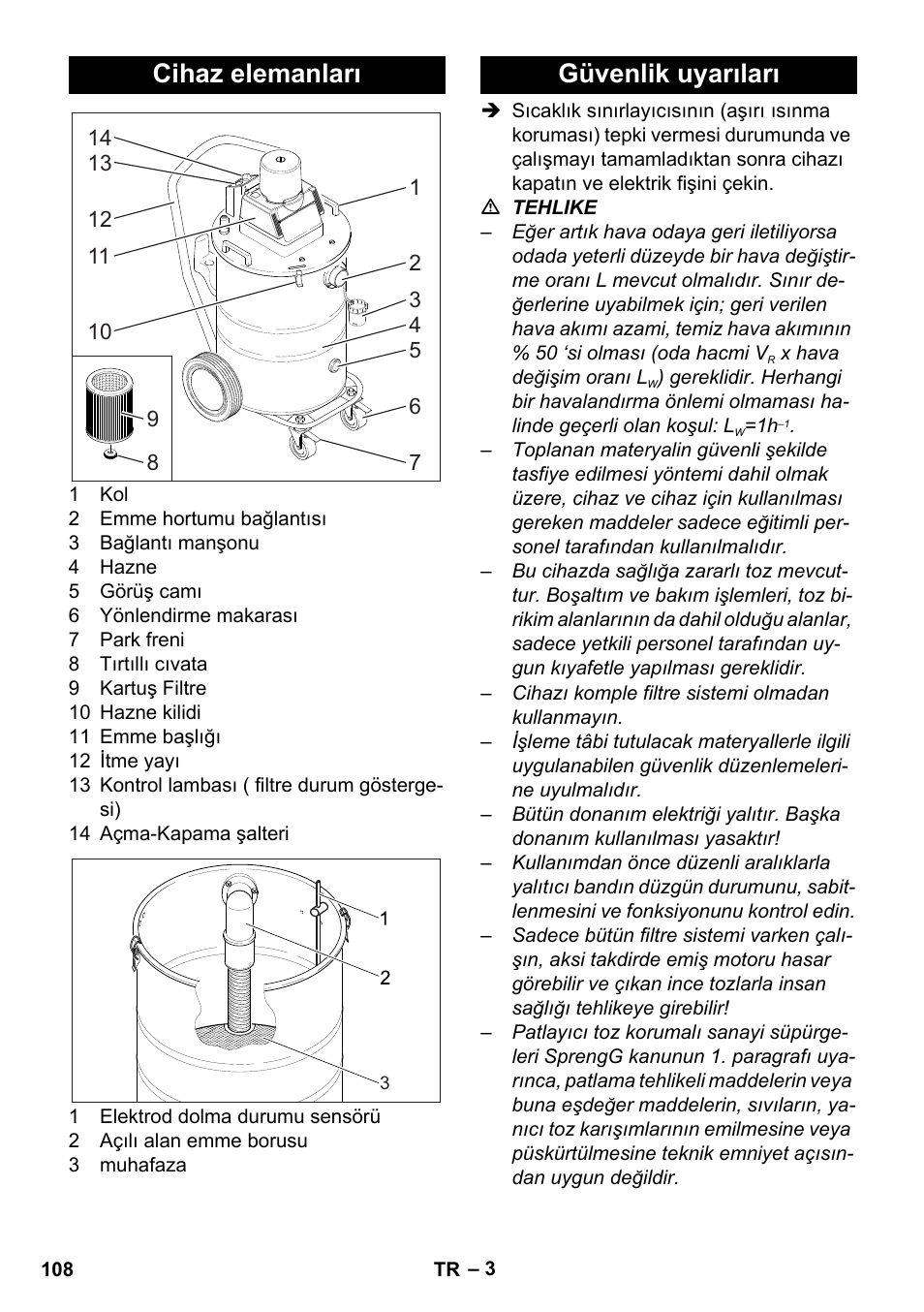 Cihaz elemanları, Güvenlik uyarıları | Karcher NT 80-1 B1 M S User Manual | Page 108 / 160