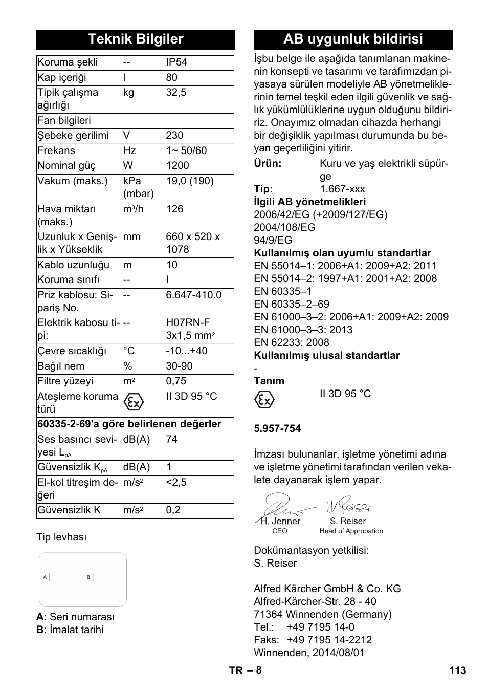 Teknik bilgiler, Ab uygunluk bildirisi | Karcher NT 80-1 B1 M S User Manual | Page 113 / 160