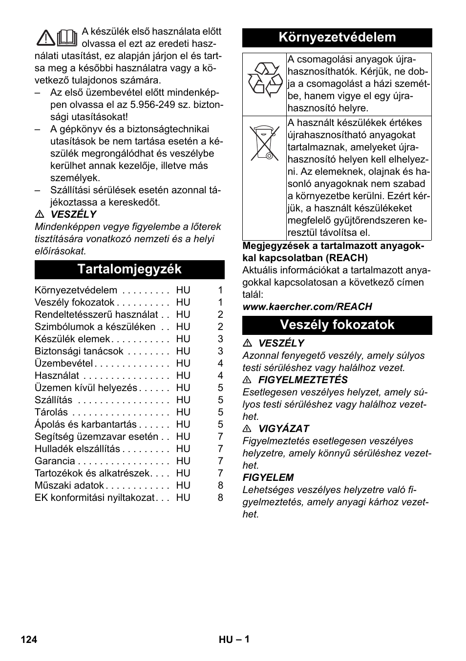 Magyar, Tartalomjegyzék, Környezetvédelem | Veszély fokozatok | Karcher NT 80-1 B1 M S User Manual | Page 124 / 160