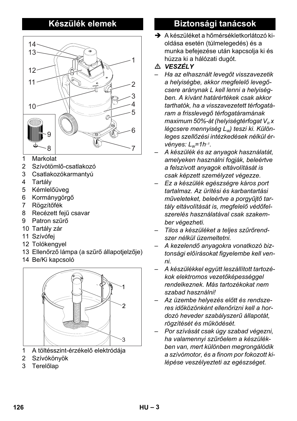 Készülék elemek, Biztonsági tanácsok | Karcher NT 80-1 B1 M S User Manual | Page 126 / 160