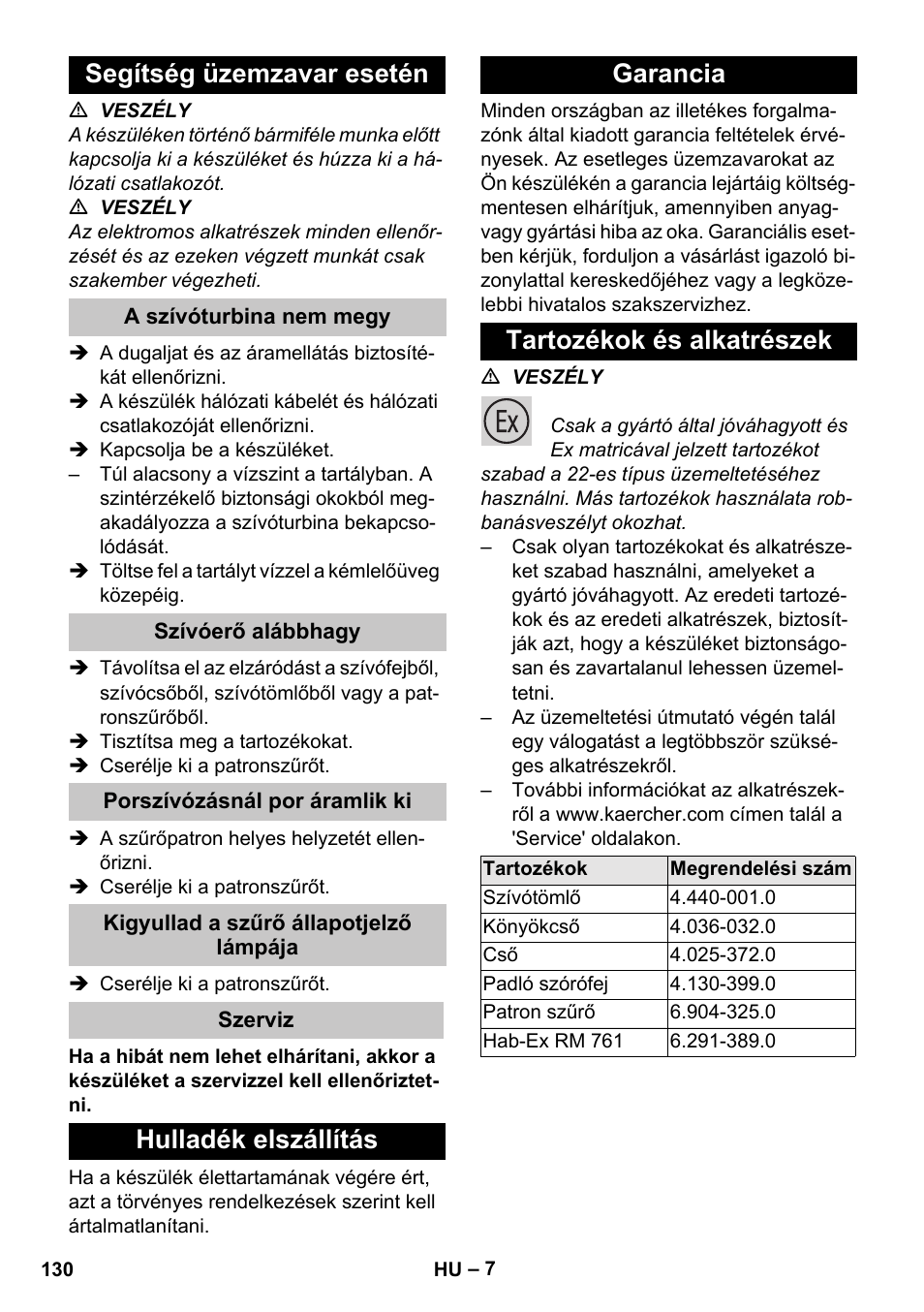 Segítség üzemzavar esetén, A szívóturbina nem megy, Szívóerő alábbhagy | Porszívózásnál por áramlik ki, Kigyullad a szűrő állapotjelző lámpája, Szerviz, Hulladék elszállítás, Garancia, Tartozékok és alkatrészek | Karcher NT 80-1 B1 M S User Manual | Page 130 / 160