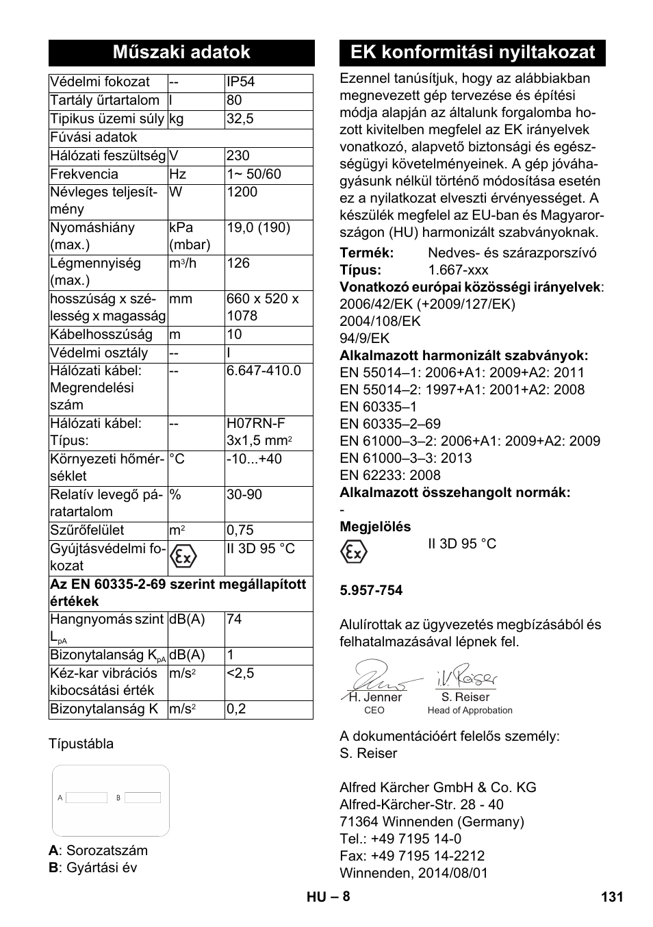 Műszaki adatok, Ek konformitási nyiltakozat | Karcher NT 80-1 B1 M S User Manual | Page 131 / 160