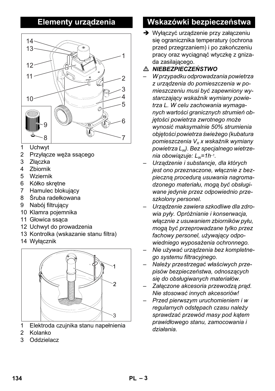 Elementy urządzenia, Wskazówki bezpieczeństwa | Karcher NT 80-1 B1 M S User Manual | Page 134 / 160