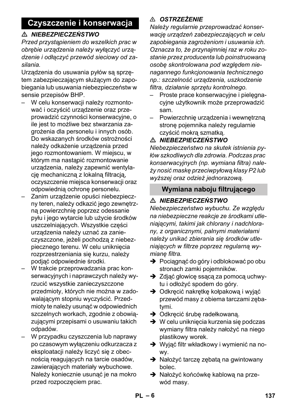 Czyszczenie i konserwacja, Wymiana naboju filtrującego | Karcher NT 80-1 B1 M S User Manual | Page 137 / 160