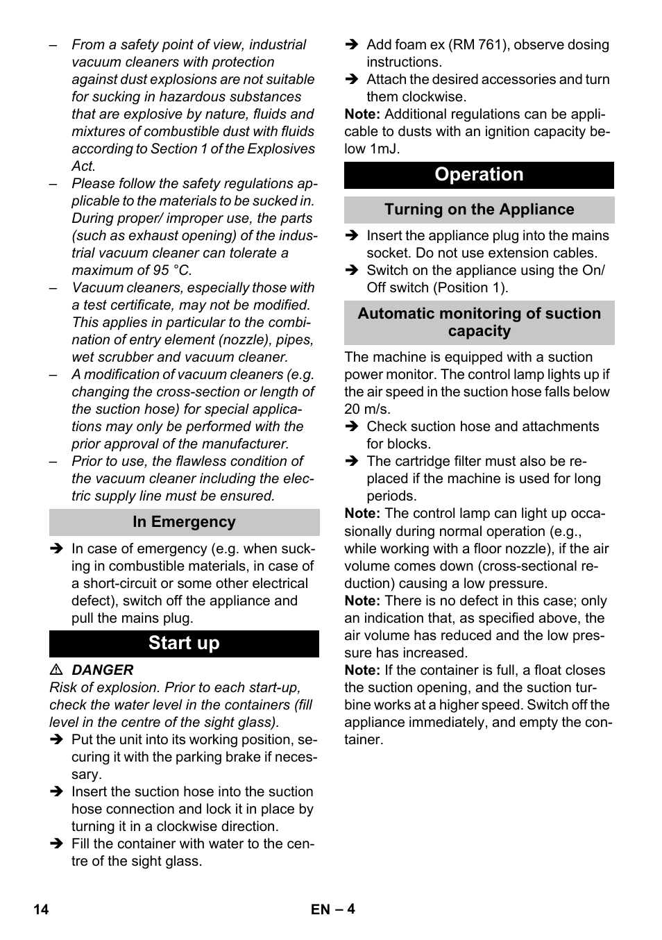 In emergency, Start up, Operation | Turning on the appliance, Automatic monitoring of suction capacity, Start up operation | Karcher NT 80-1 B1 M S User Manual | Page 14 / 160