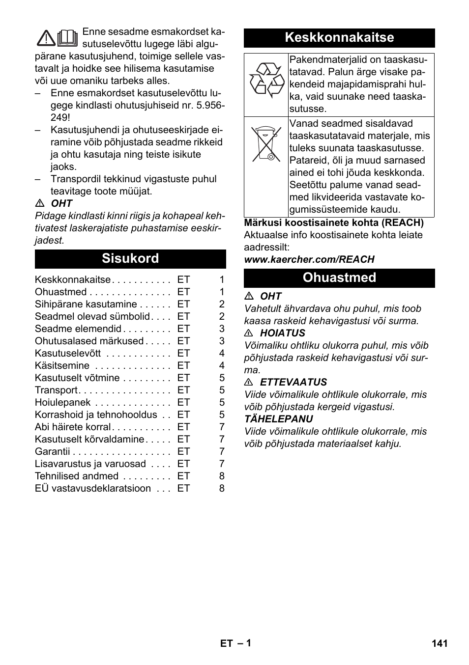 Eesti, Sisukord, Keskkonnakaitse | Ohuastmed | Karcher NT 80-1 B1 M S User Manual | Page 141 / 160