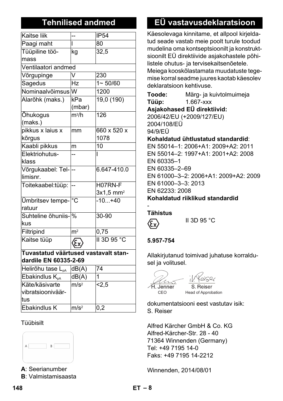 Tehnilised andmed, Eü vastavusdeklaratsioon | Karcher NT 80-1 B1 M S User Manual | Page 148 / 160
