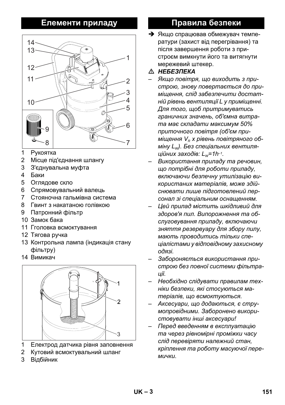 Елементи приладу, Правила безпеки | Karcher NT 80-1 B1 M S User Manual | Page 151 / 160