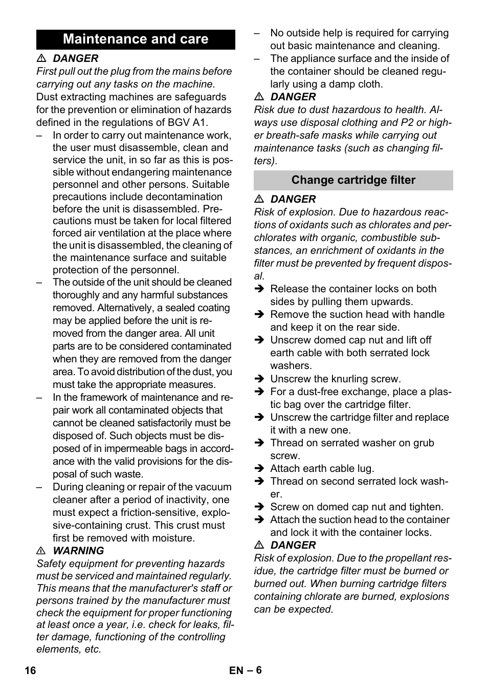 Maintenance and care, Change cartridge filter | Karcher NT 80-1 B1 M S User Manual | Page 16 / 160