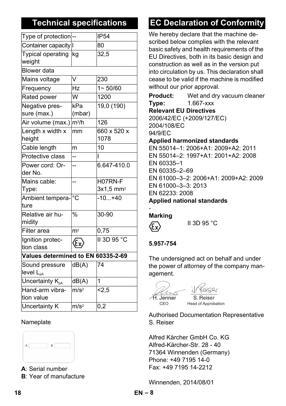 Technical specifications, Ec declaration of conformity | Karcher NT 80-1 B1 M S User Manual | Page 18 / 160