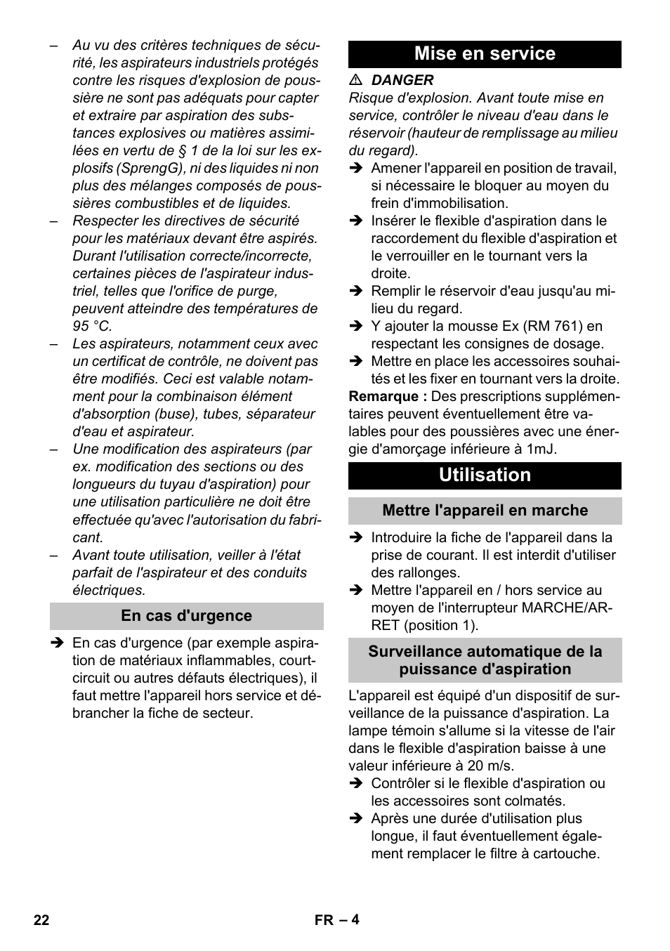 En cas d'urgence, Mise en service, Utilisation | Mettre l'appareil en marche, Mise en service utilisation | Karcher NT 80-1 B1 M S User Manual | Page 22 / 160