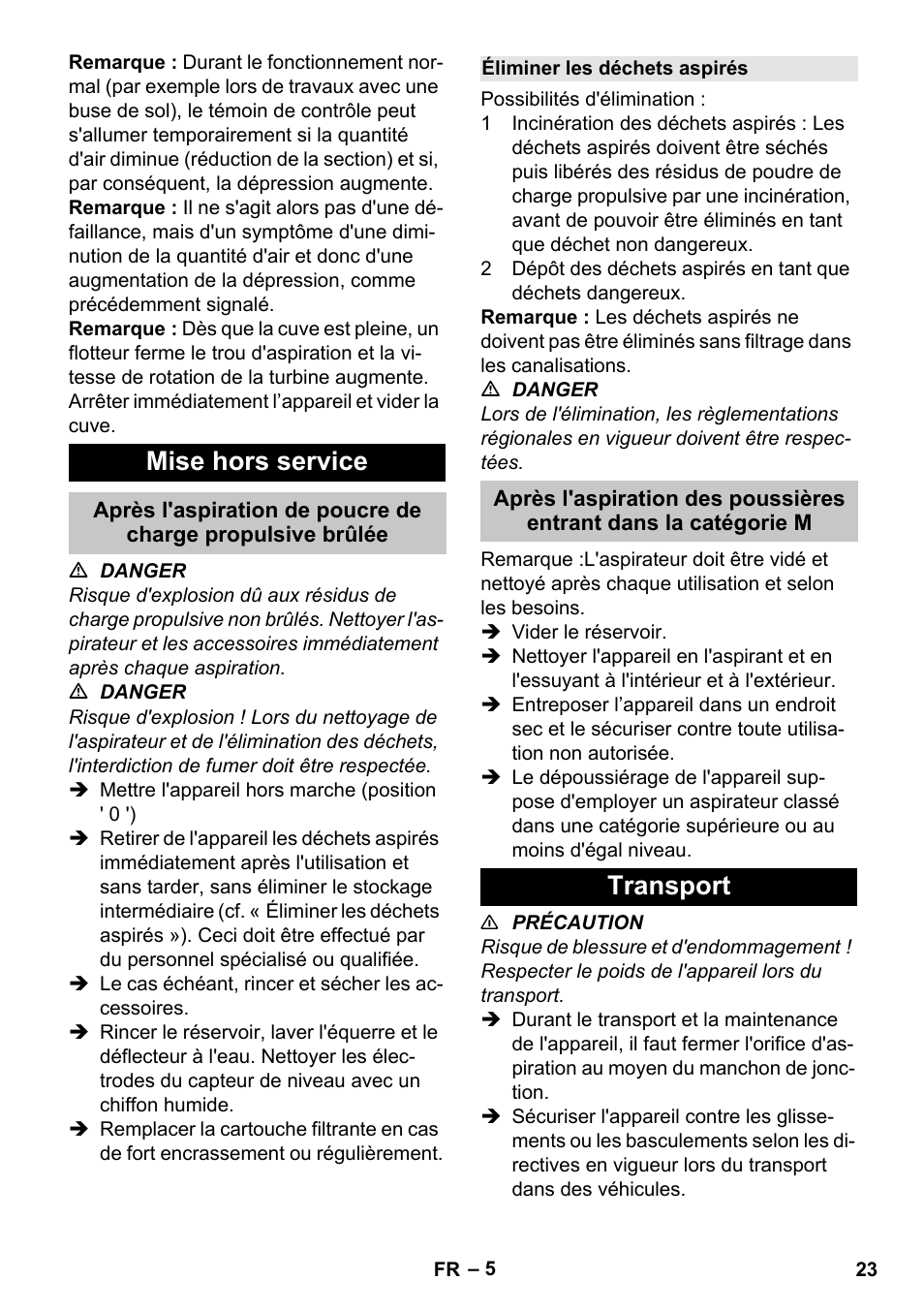 Mise hors service, Éliminer les déchets aspirés, Transport | Karcher NT 80-1 B1 M S User Manual | Page 23 / 160