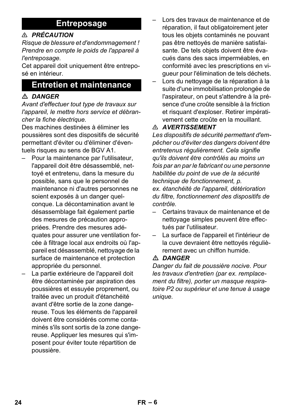 Entreposage, Entretien et maintenance, Entreposage entretien et maintenance | Karcher NT 80-1 B1 M S User Manual | Page 24 / 160