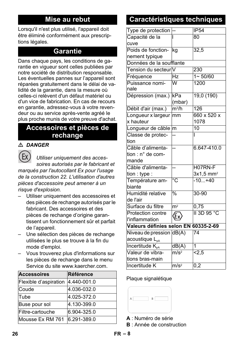 Mise au rebut, Garantie, Accessoires et pièces de rechange | Caractéristiques techniques | Karcher NT 80-1 B1 M S User Manual | Page 26 / 160