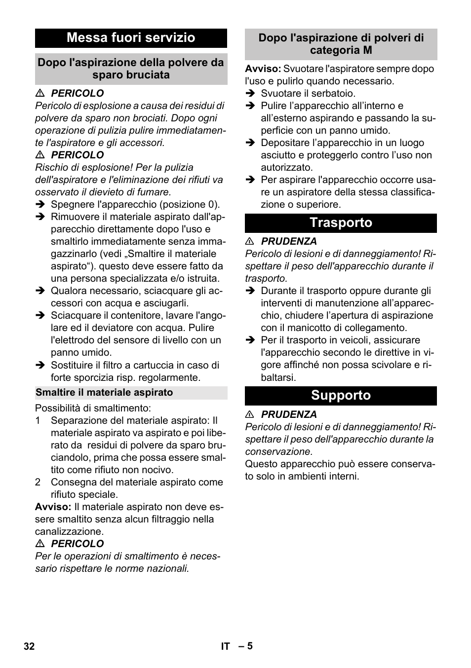 Messa fuori servizio, Dopo l'aspirazione della polvere da sparo bruciata, Smaltire il materiale aspirato | Dopo l'aspirazione di polveri di categoria m, Trasporto, Supporto, Trasporto supporto | Karcher NT 80-1 B1 M S User Manual | Page 32 / 160