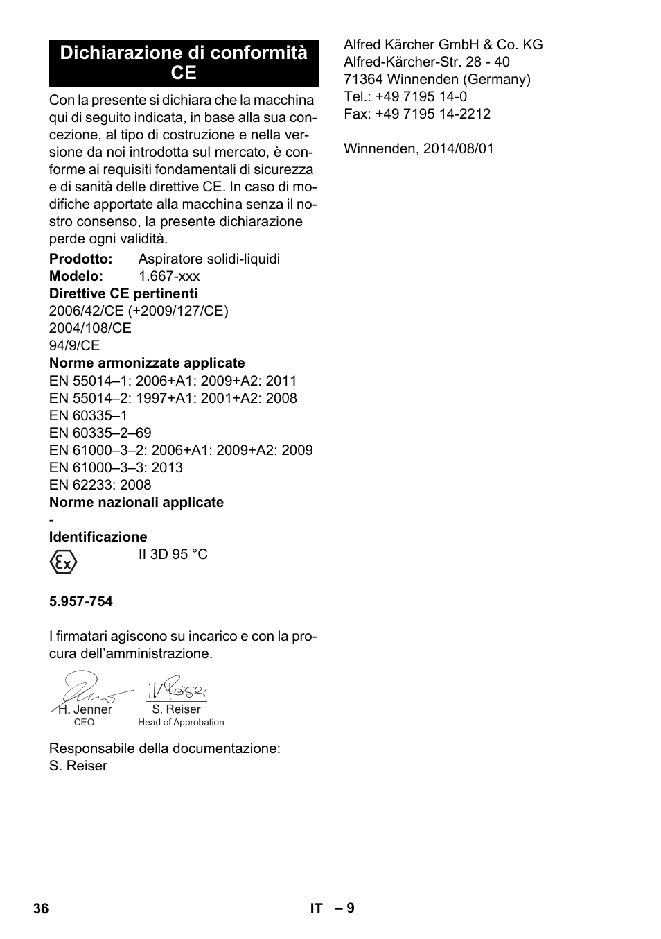 Dichiarazione di conformità ce | Karcher NT 80-1 B1 M S User Manual | Page 36 / 160