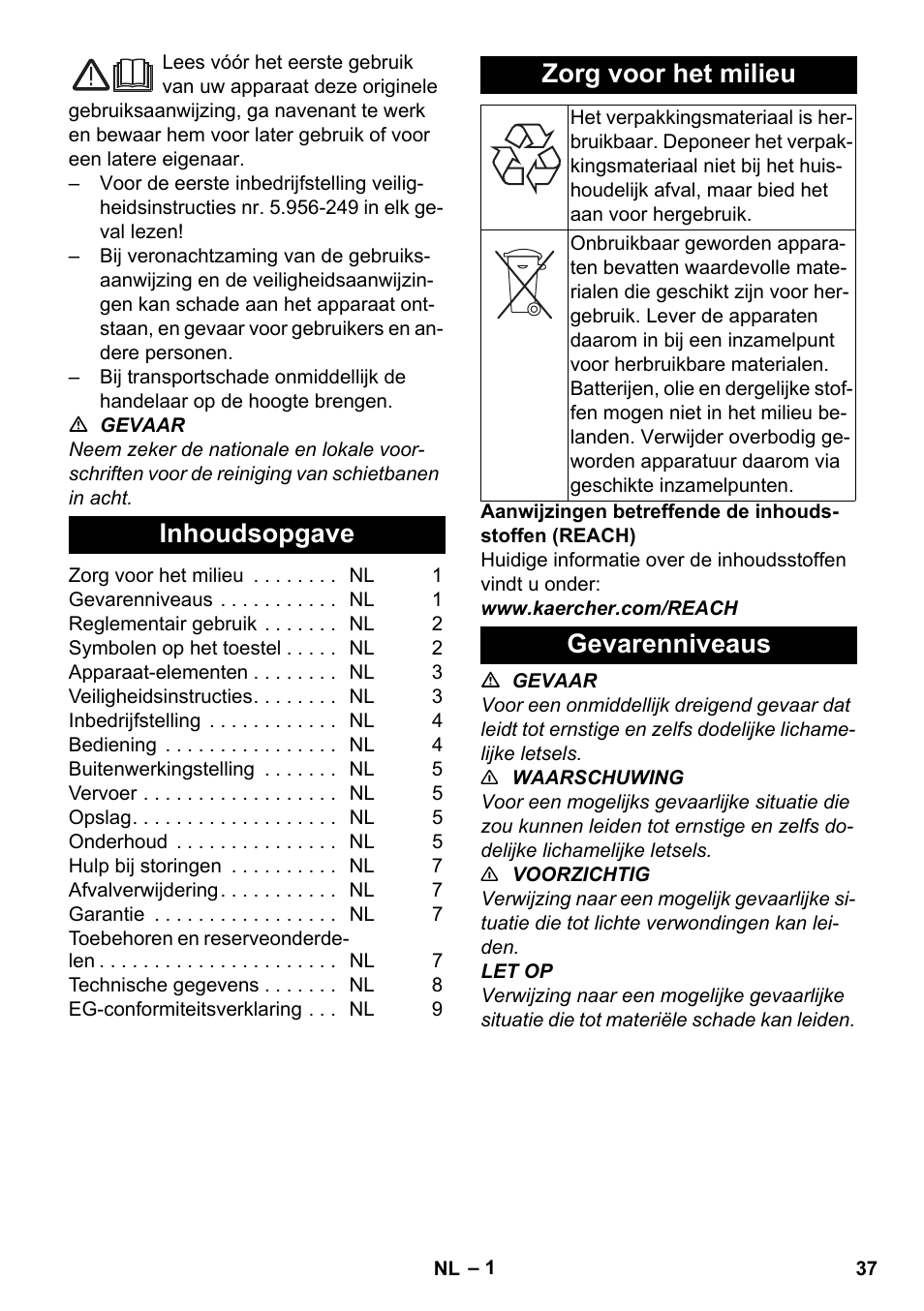 Nederlands, Inhoudsopgave, Zorg voor het milieu | Gevarenniveaus | Karcher NT 80-1 B1 M S User Manual | Page 37 / 160