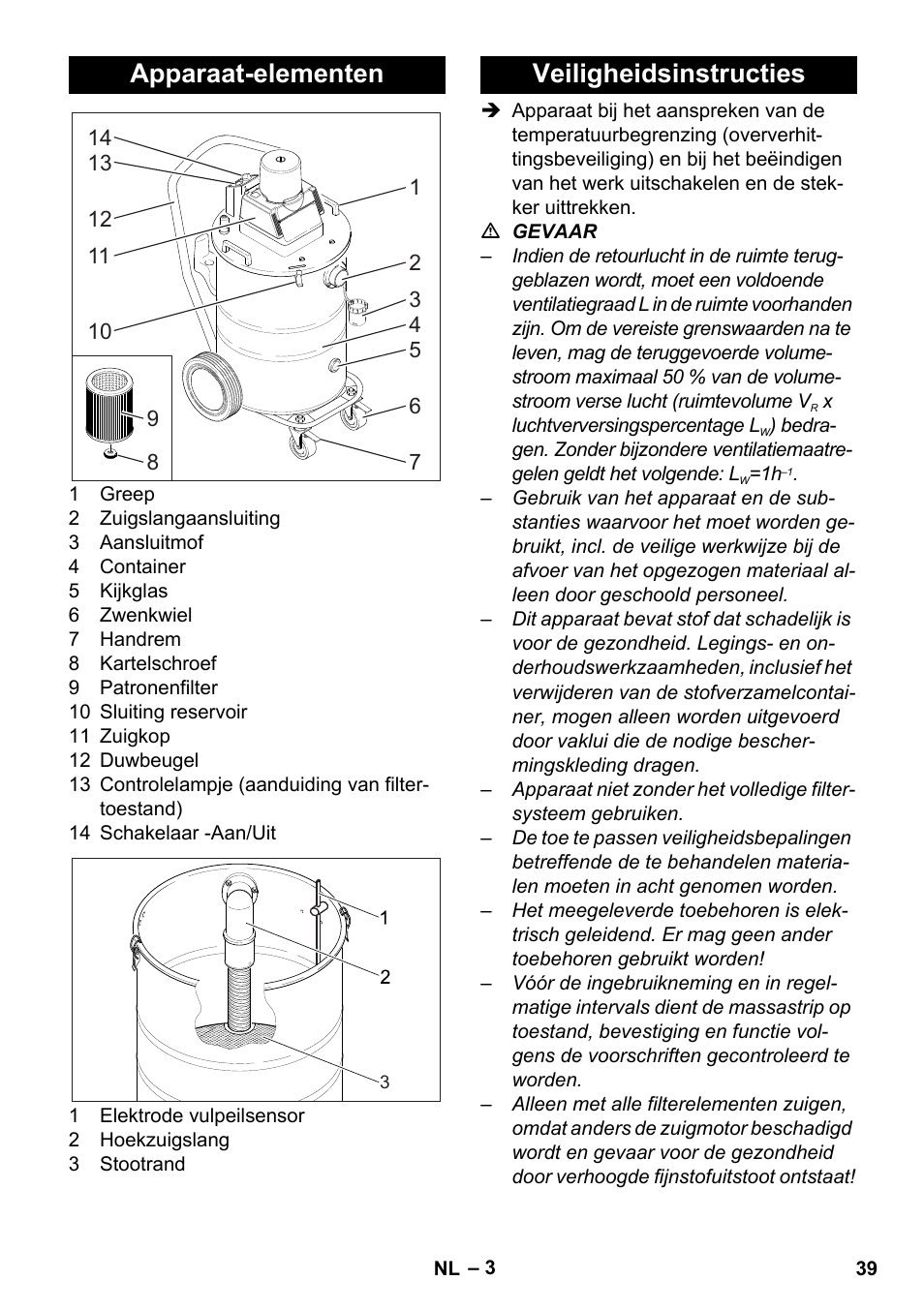 Apparaat-elementen, Veiligheidsinstructies | Karcher NT 80-1 B1 M S User Manual | Page 39 / 160