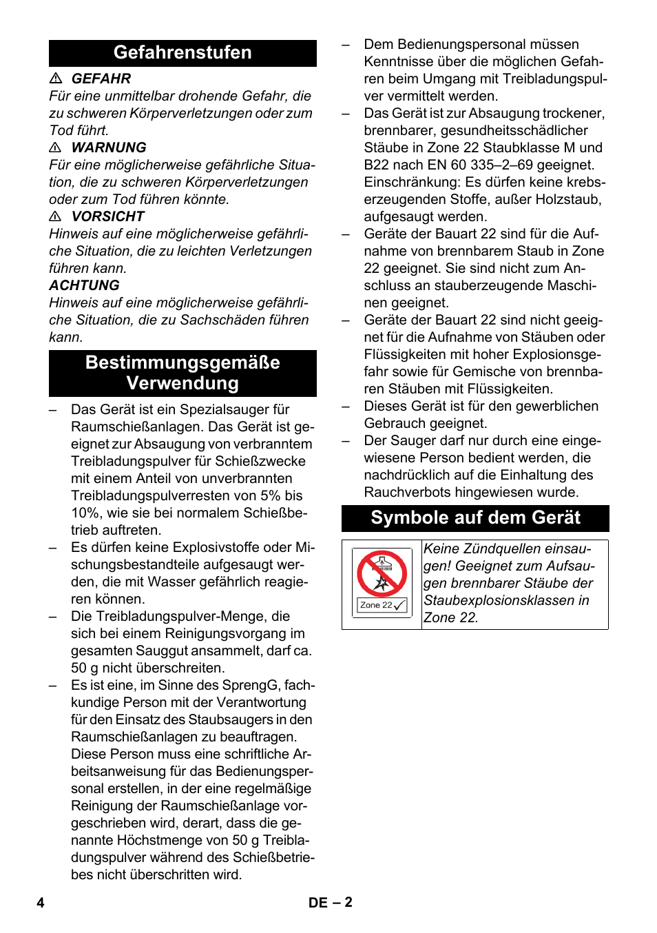 Gefahrenstufen, Bestimmungsgemäße verwendung, Symbole auf dem gerät | Karcher NT 80-1 B1 M S User Manual | Page 4 / 160