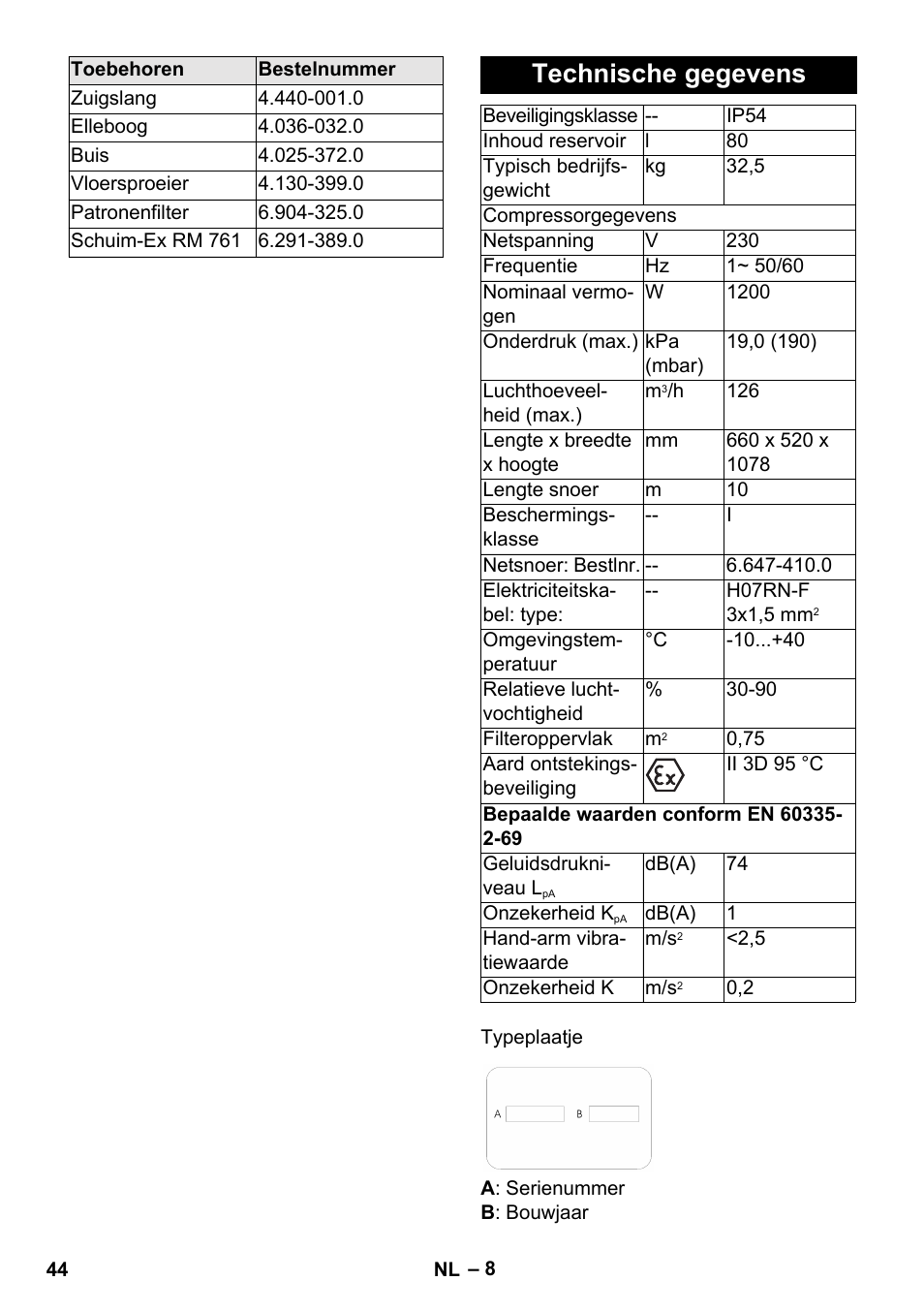 Technische gegevens | Karcher NT 80-1 B1 M S User Manual | Page 44 / 160