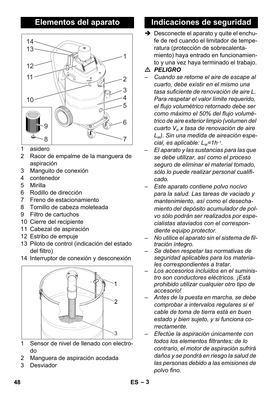 Elementos del aparato, Indicaciones de seguridad | Karcher NT 80-1 B1 M S User Manual | Page 48 / 160