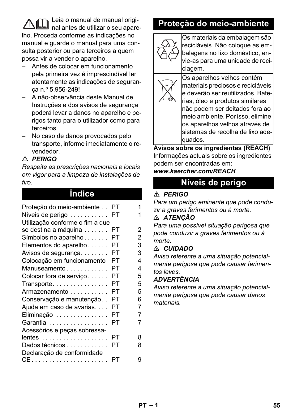 Português, Índice, Proteção do meio-ambiente | Níveis de perigo | Karcher NT 80-1 B1 M S User Manual | Page 55 / 160