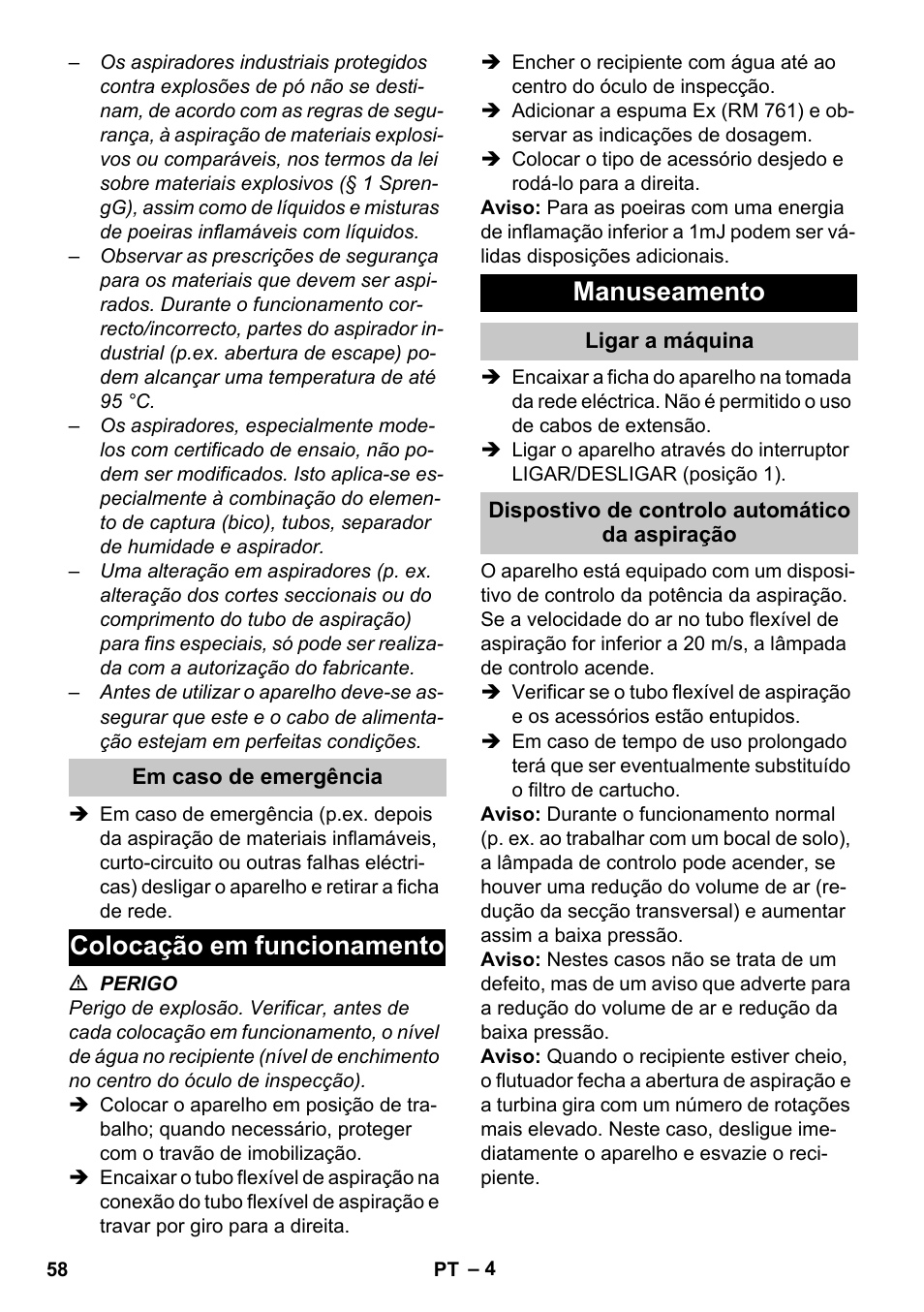 Em caso de emergência, Colocação em funcionamento, Manuseamento | Ligar a máquina, Dispostivo de controlo automático da aspiração, Colocação em funcionamento manuseamento | Karcher NT 80-1 B1 M S User Manual | Page 58 / 160