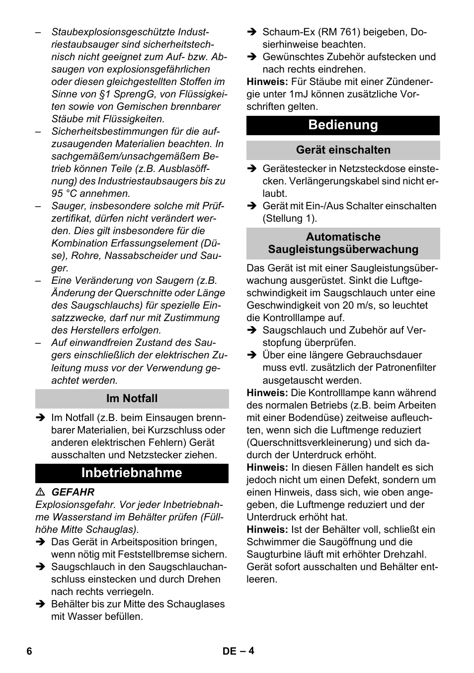 Im notfall, Inbetriebnahme, Bedienung | Gerät einschalten, Automatische saugleistungsüberwachung, Inbetriebnahme bedienung | Karcher NT 80-1 B1 M S User Manual | Page 6 / 160
