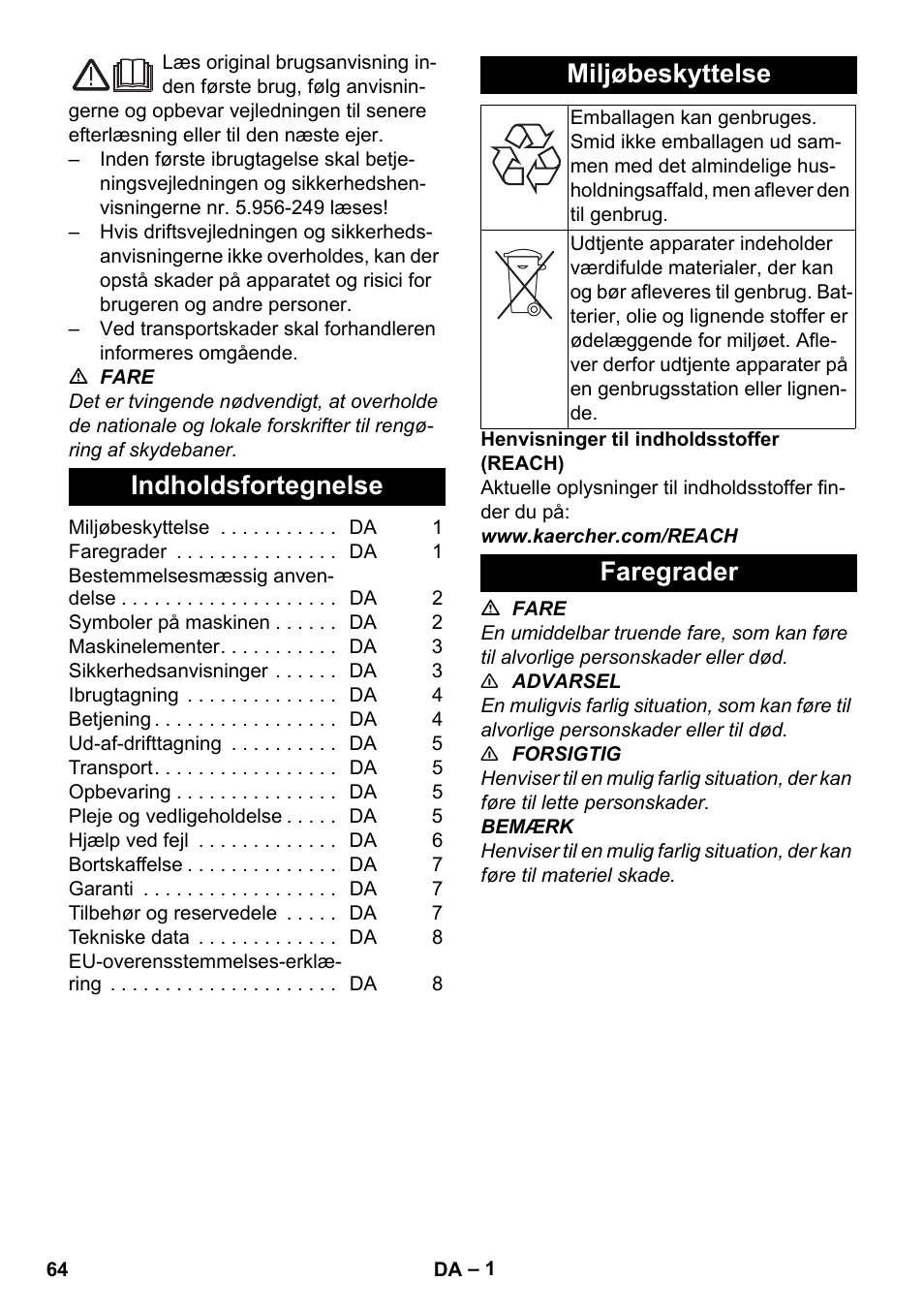 Dansk, Indholdsfortegnelse, Miljøbeskyttelse | Faregrader | Karcher NT 80-1 B1 M S User Manual | Page 64 / 160