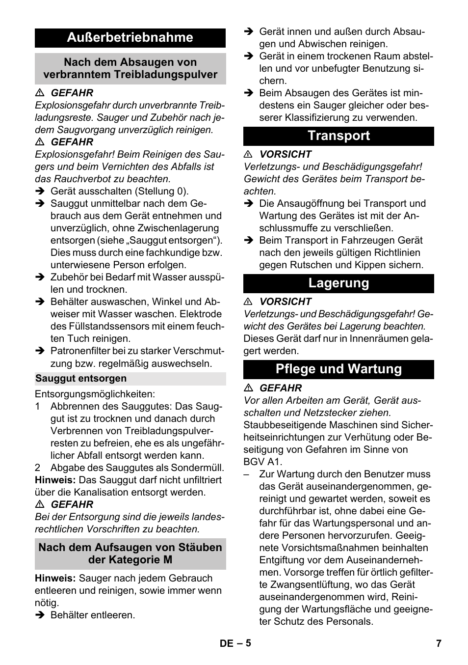 Außerbetriebnahme, Sauggut entsorgen, Nach dem aufsaugen von stäuben der kategorie m | Transport, Lagerung, Pflege und wartung, Transport lagerung pflege und wartung | Karcher NT 80-1 B1 M S User Manual | Page 7 / 160