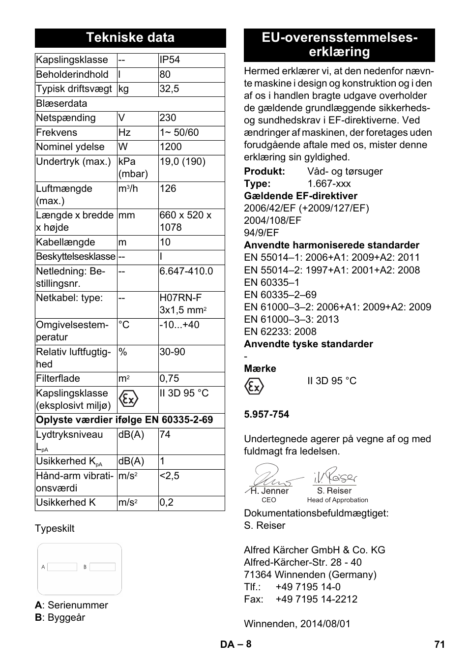 Tekniske data, Eu-overensstemmelses- erklæring | Karcher NT 80-1 B1 M S User Manual | Page 71 / 160