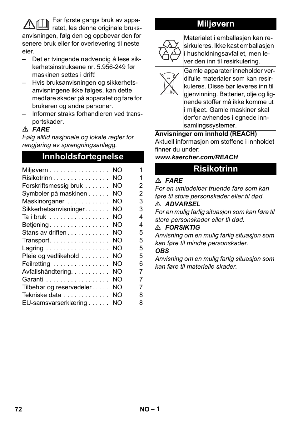 Norsk, Innholdsfortegnelse, Miljøvern | Risikotrinn | Karcher NT 80-1 B1 M S User Manual | Page 72 / 160