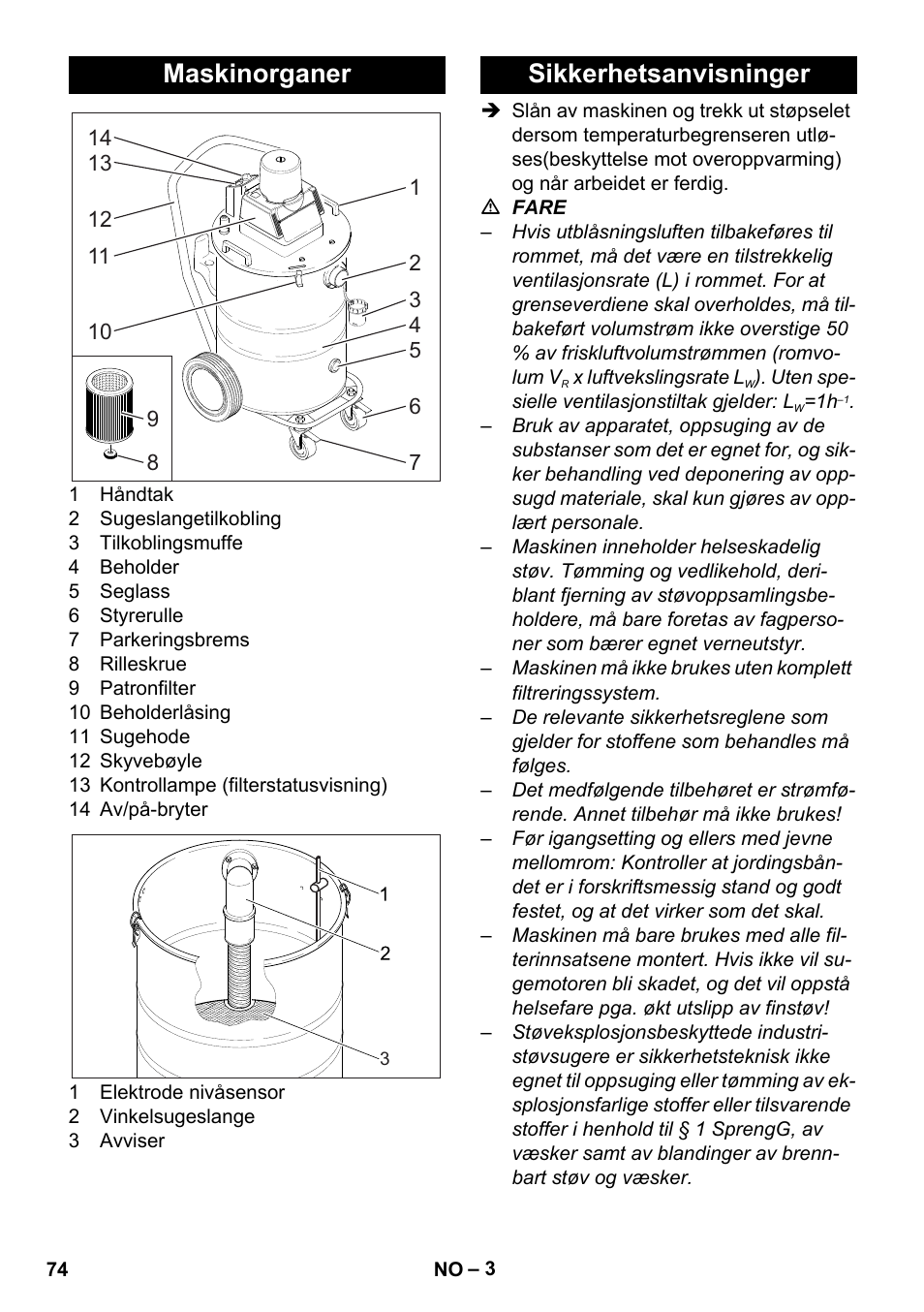 Maskinorganer, Sikkerhetsanvisninger | Karcher NT 80-1 B1 M S User Manual | Page 74 / 160