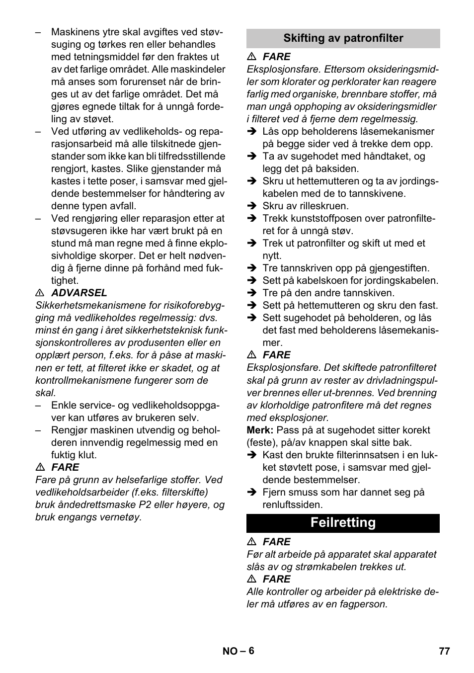 Skifting av patronfilter, Feilretting | Karcher NT 80-1 B1 M S User Manual | Page 77 / 160