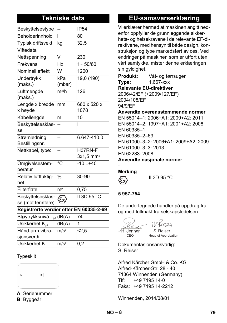 Tekniske data, Eu-samsvarserklæring | Karcher NT 80-1 B1 M S User Manual | Page 79 / 160