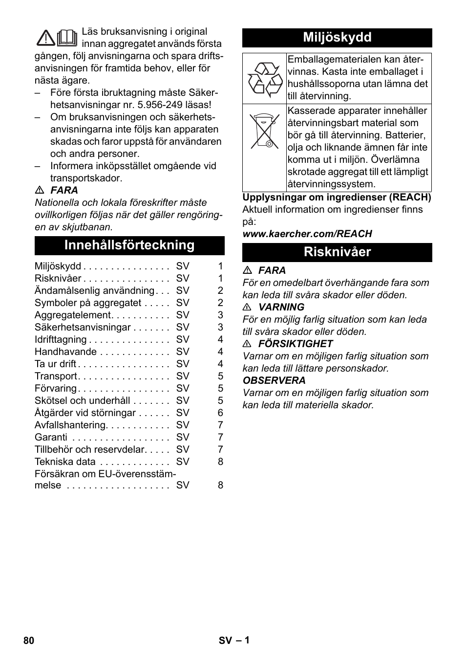 Svenska, Innehållsförteckning, Miljöskydd | Risknivåer | Karcher NT 80-1 B1 M S User Manual | Page 80 / 160