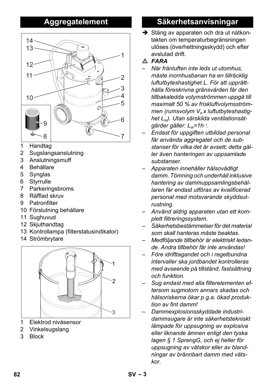 Aggregatelement, Säkerhetsanvisningar | Karcher NT 80-1 B1 M S User Manual | Page 82 / 160