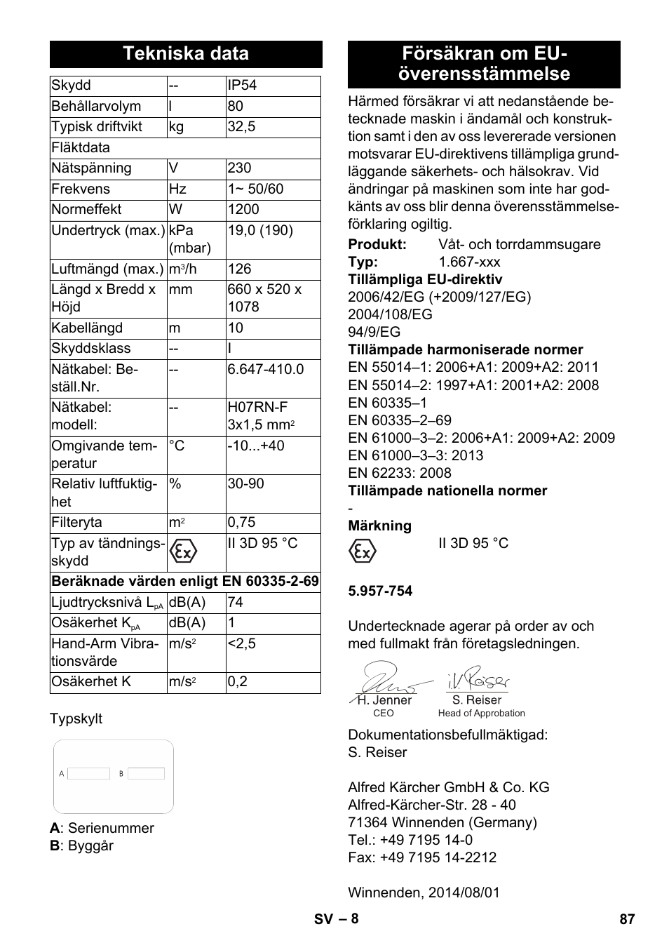 Tekniska data, Försäkran om eu- överensstämmelse | Karcher NT 80-1 B1 M S User Manual | Page 87 / 160