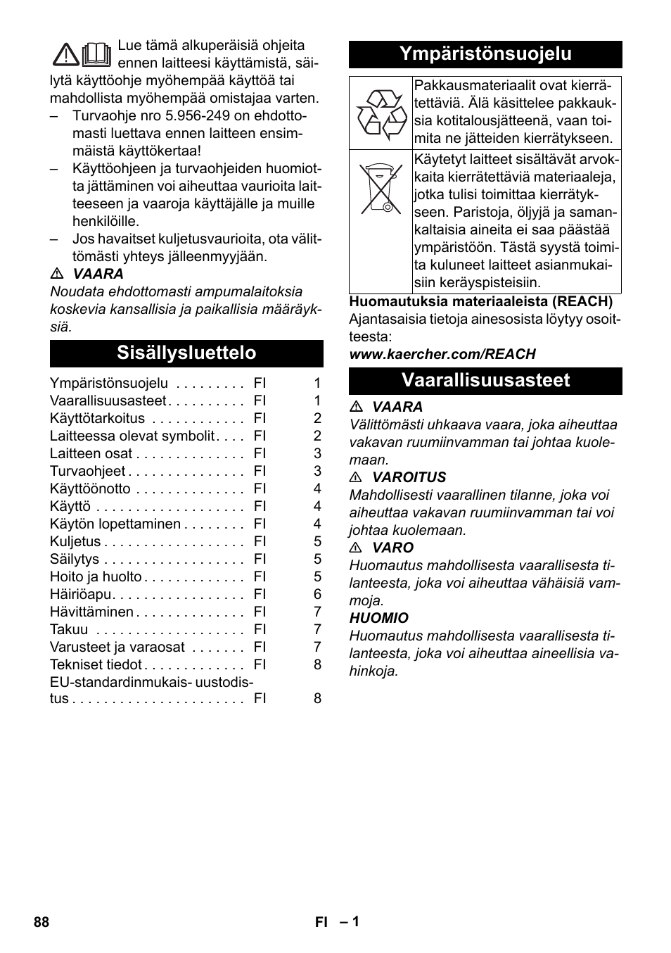 Suomi, Sisällysluettelo, Ympäristönsuojelu | Vaarallisuusasteet | Karcher NT 80-1 B1 M S User Manual | Page 88 / 160