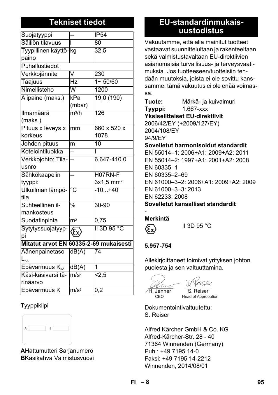 Tekniset tiedot, Eu-standardinmukais- uustodistus | Karcher NT 80-1 B1 M S User Manual | Page 95 / 160